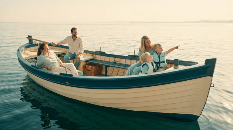 Une famille heureuse navigue sereinement sur un bateau en bois par une journée ensoleillée.