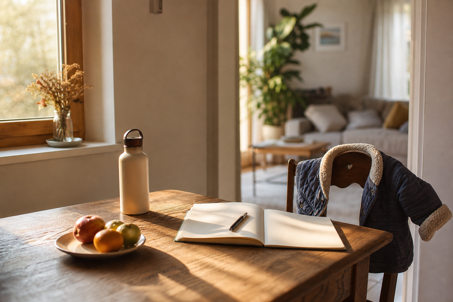 Planning familial posé sur une table avec notes simples pour répartir les tâches