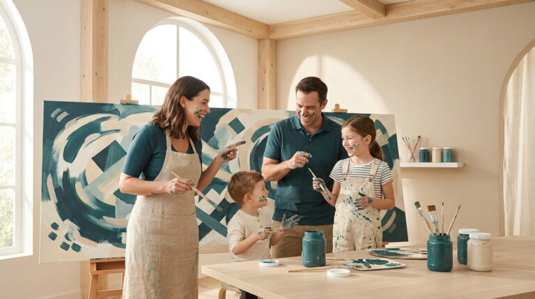 Une famille heureuse s'amuse à peindre ensemble sur une grande toile dans un atelier lumineux.