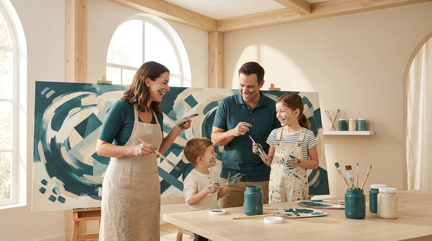 Une famille heureuse s'amuse à peindre ensemble sur une grande toile dans un atelier lumineux.