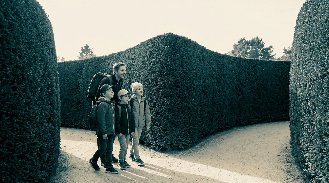 Un père et ses trois jeunes enfants explorent ensemble les allées d'un labyrinthe de haies hautes en extérieur.