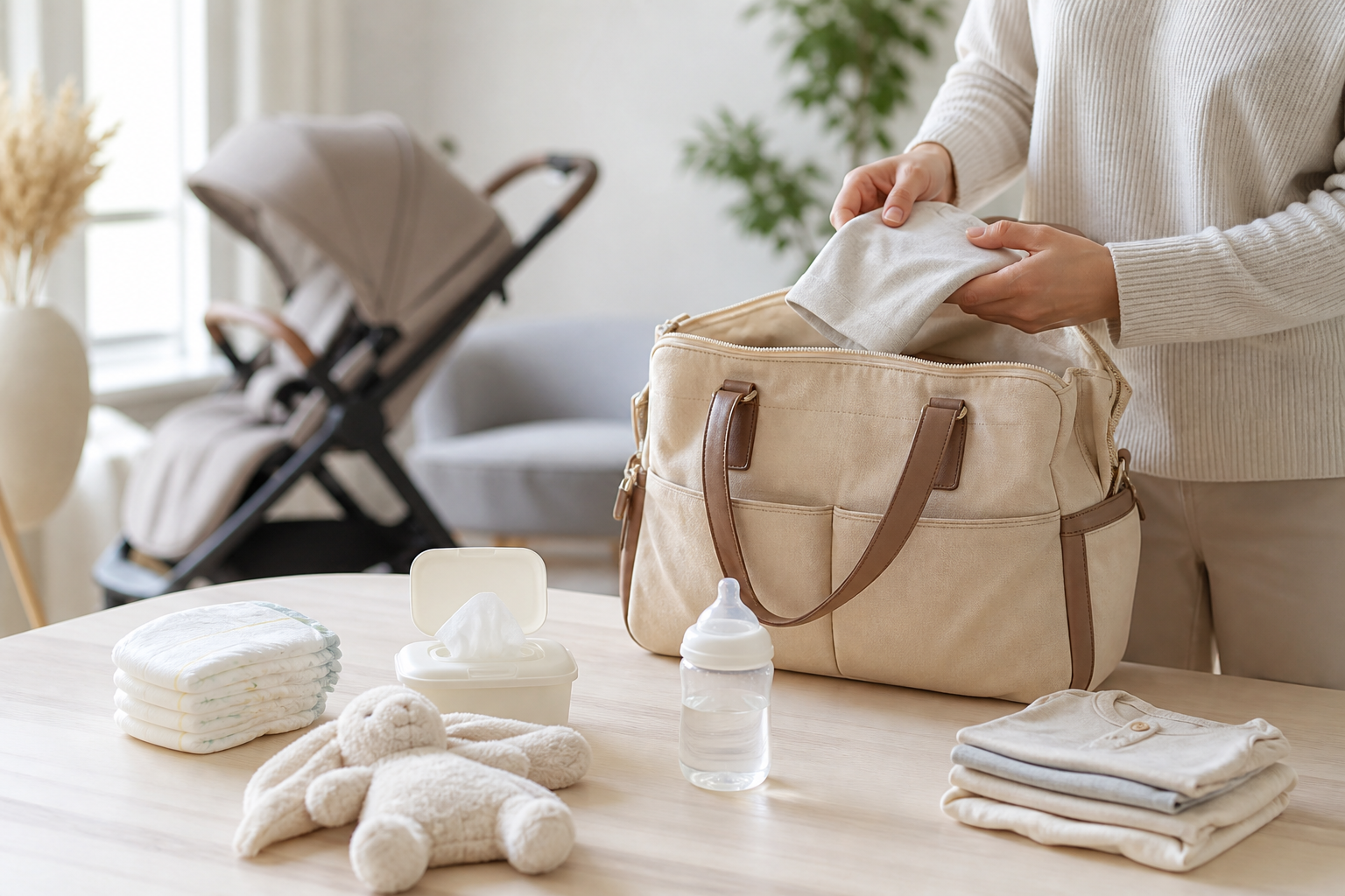 Parent préparant un sac de sortie pour bébé