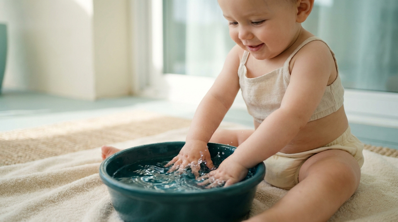 Un bébé souriant joue avec ses mains dans une bassine d'eau posée sur une serviette pour se rafraîchir.