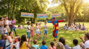 Un clown amuse des enfants lors d'un festival de théâtre en plein air dans un parc en Île-de-France.