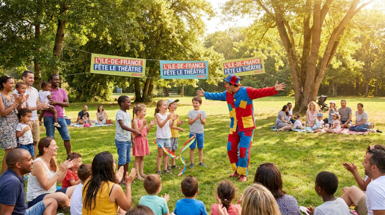 Un clown amuse des enfants lors d'un festival de théâtre en plein air dans un parc en Île-de-France.