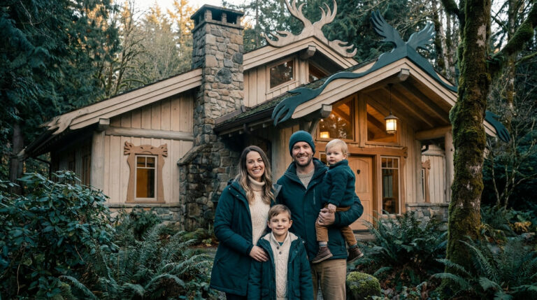 Une famille souriante devant un chalet en bois de style nordique au milieu d'une forêt.
