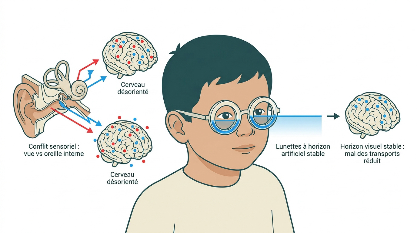 Enfant portant des lunettes à horizon liquide pour éviter le mal des transports en voiture