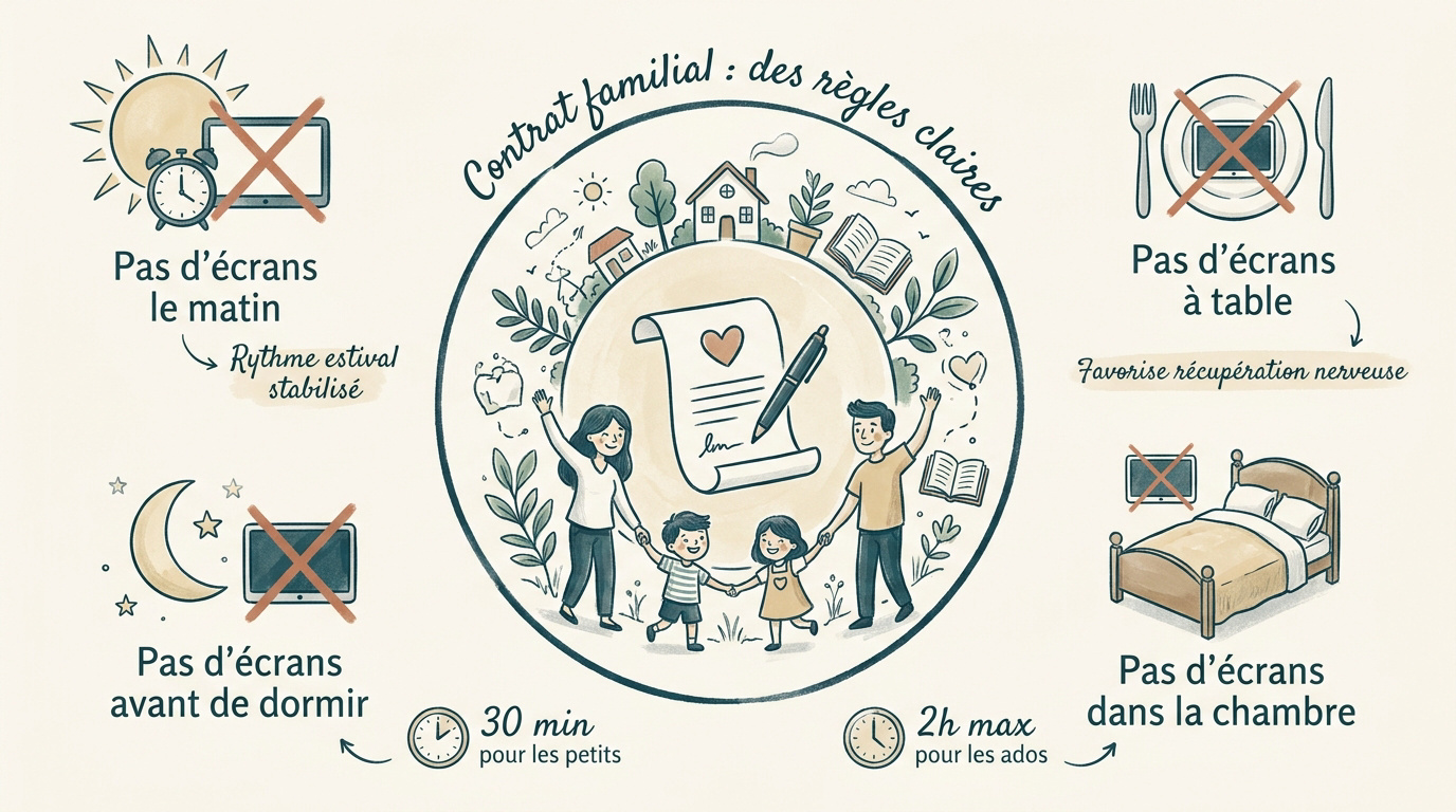 Enfant et parents signant un contrat familial sur les règles des écrans pendant les vacances