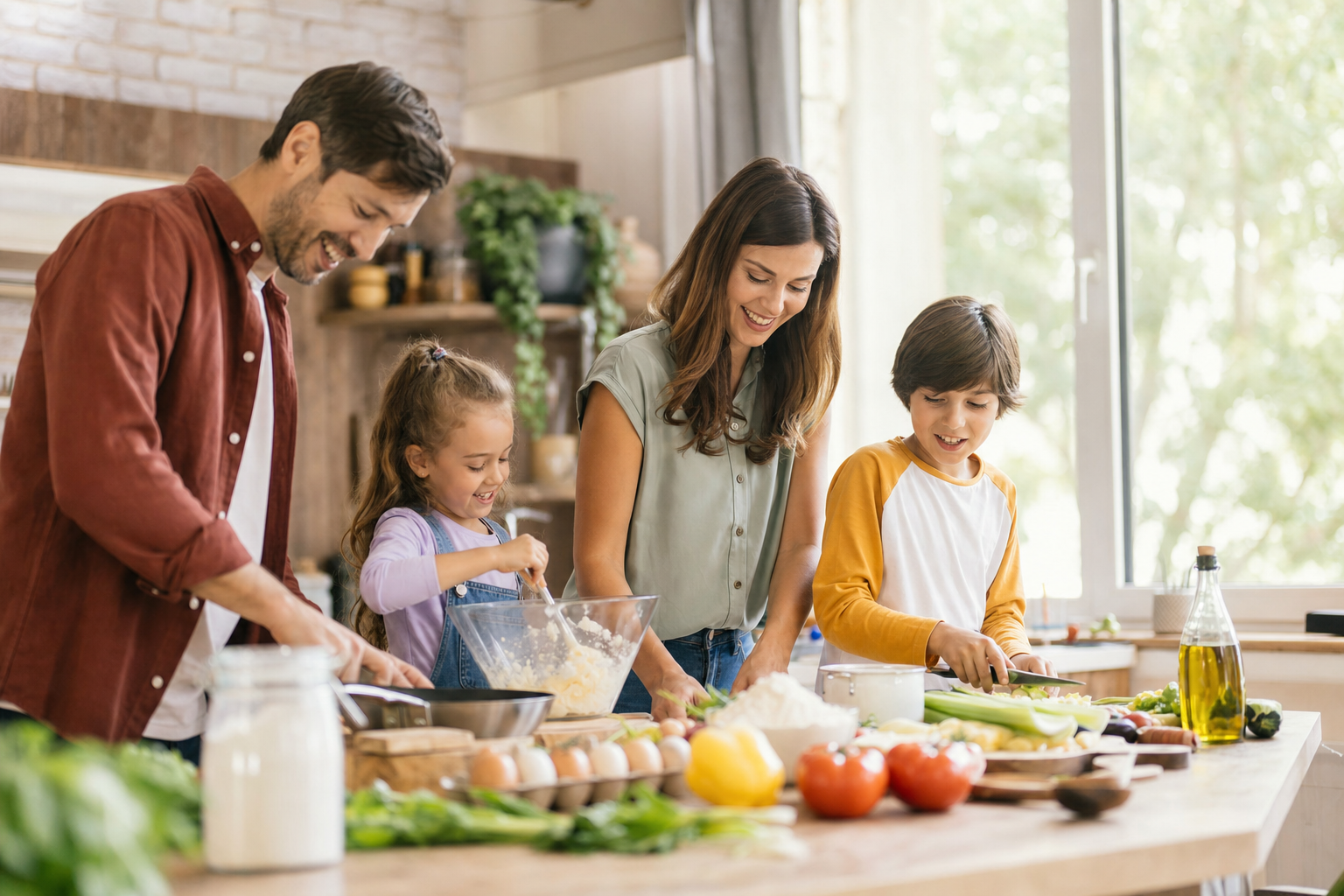 Famille qui cuisine ensemble avec des enfants
