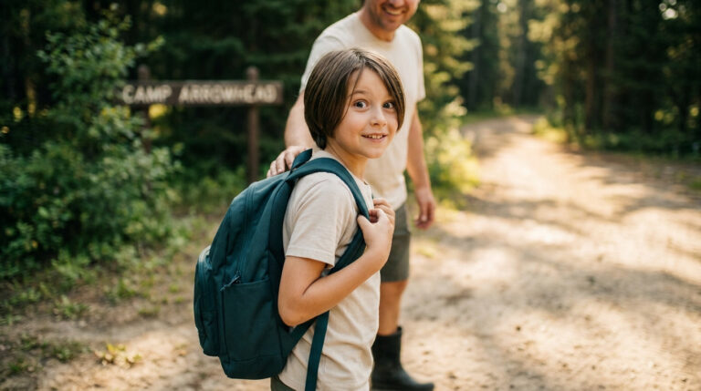 Un enfant avec un sac à dos regarde vers l'appareil photo devant le panneau d'un camp de vacances avec son parent.
