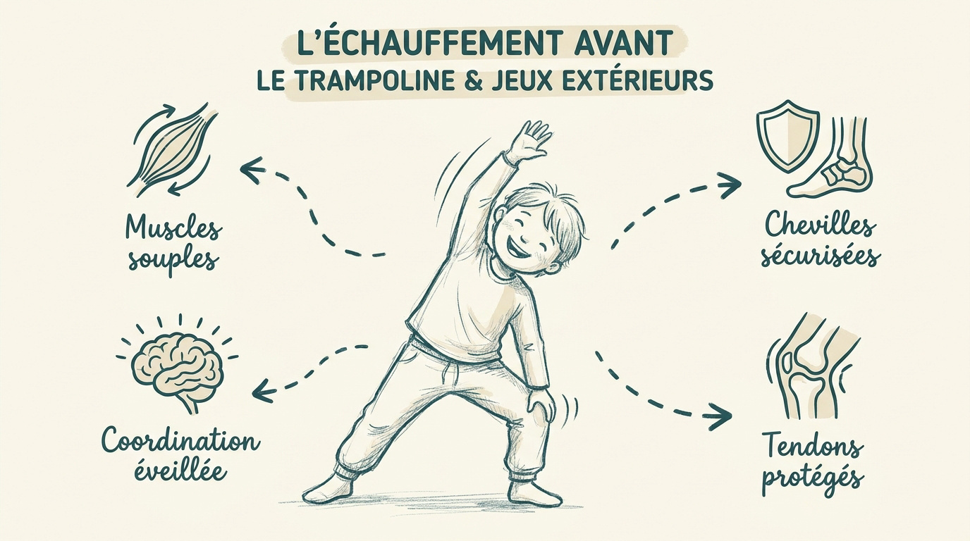 Enfants pratiquant des exercices d'échauffement ludiques avant de monter sur un trampoline