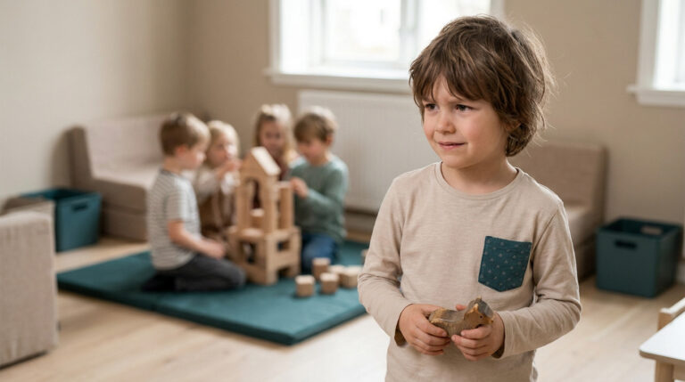Jeune garçon tenant un jouet en bois, regardant de côté tandis que d'autres enfants jouent en arrière-plan.