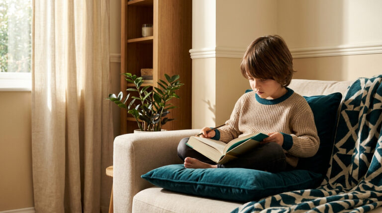 Un jeune garçon aux cheveux bruns lit un livre en étant assis confortablement sur un canapé avec un coussin bleu.