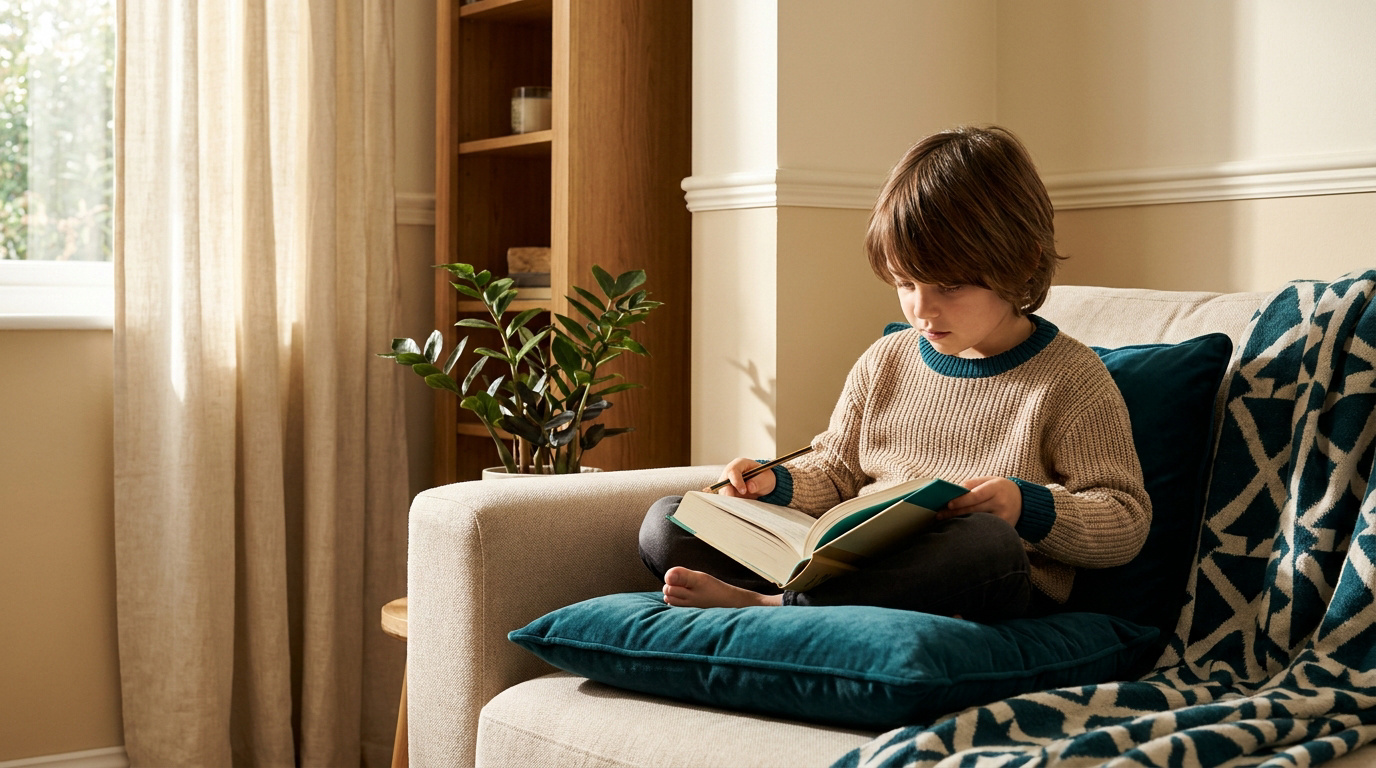 Un jeune garçon aux cheveux bruns lit un livre en étant assis confortablement sur un canapé avec un coussin bleu.
