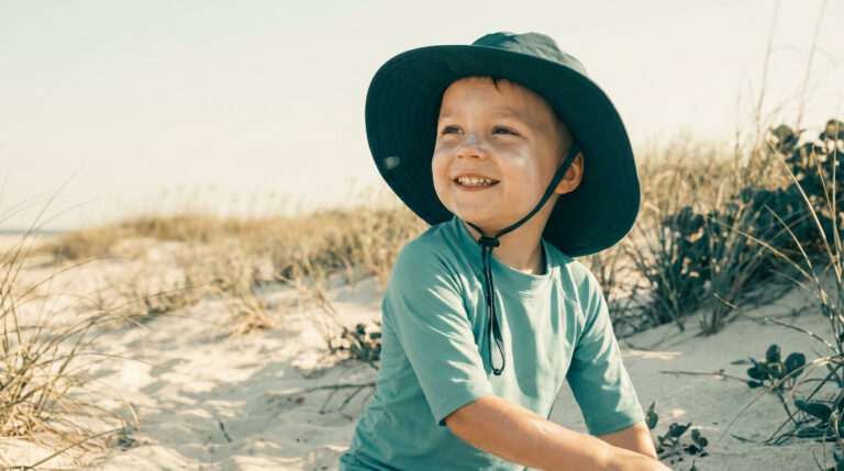Jeune garçon souriant portant un chapeau anti-UV et un t-shirt de protection sur une plage de sable.