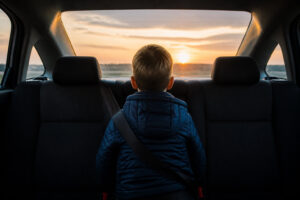 Un jeune garçon assis à l'arrière d'une voiture regarde le soleil couchant à travers la lunette arrière.