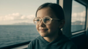 Jeune fille souriante portant des lunettes spéciales anti-mal des transports lors d'un voyage en bateau.