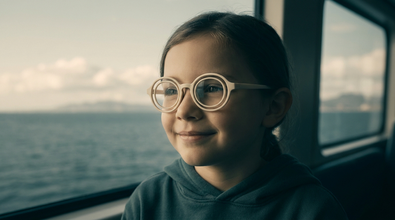 Jeune fille souriante portant des lunettes spéciales anti-mal des transports lors d'un voyage en bateau.