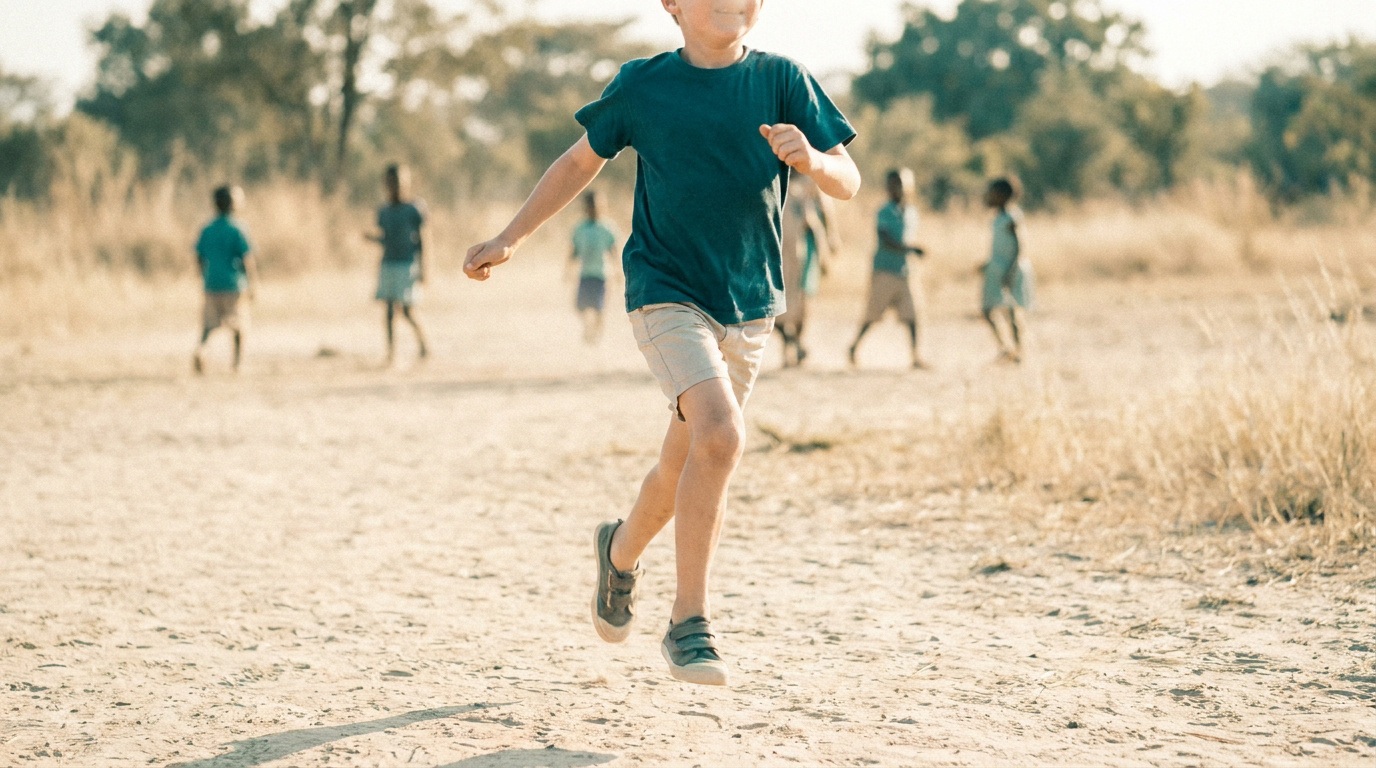 Un jeune garçon court joyeusement sur un chemin de terre avec d'autres enfants en arrière-plan.
