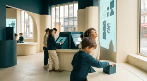 Enfants jouant dans un espace interactif et moderne avec des écrans et des formes géométriques.