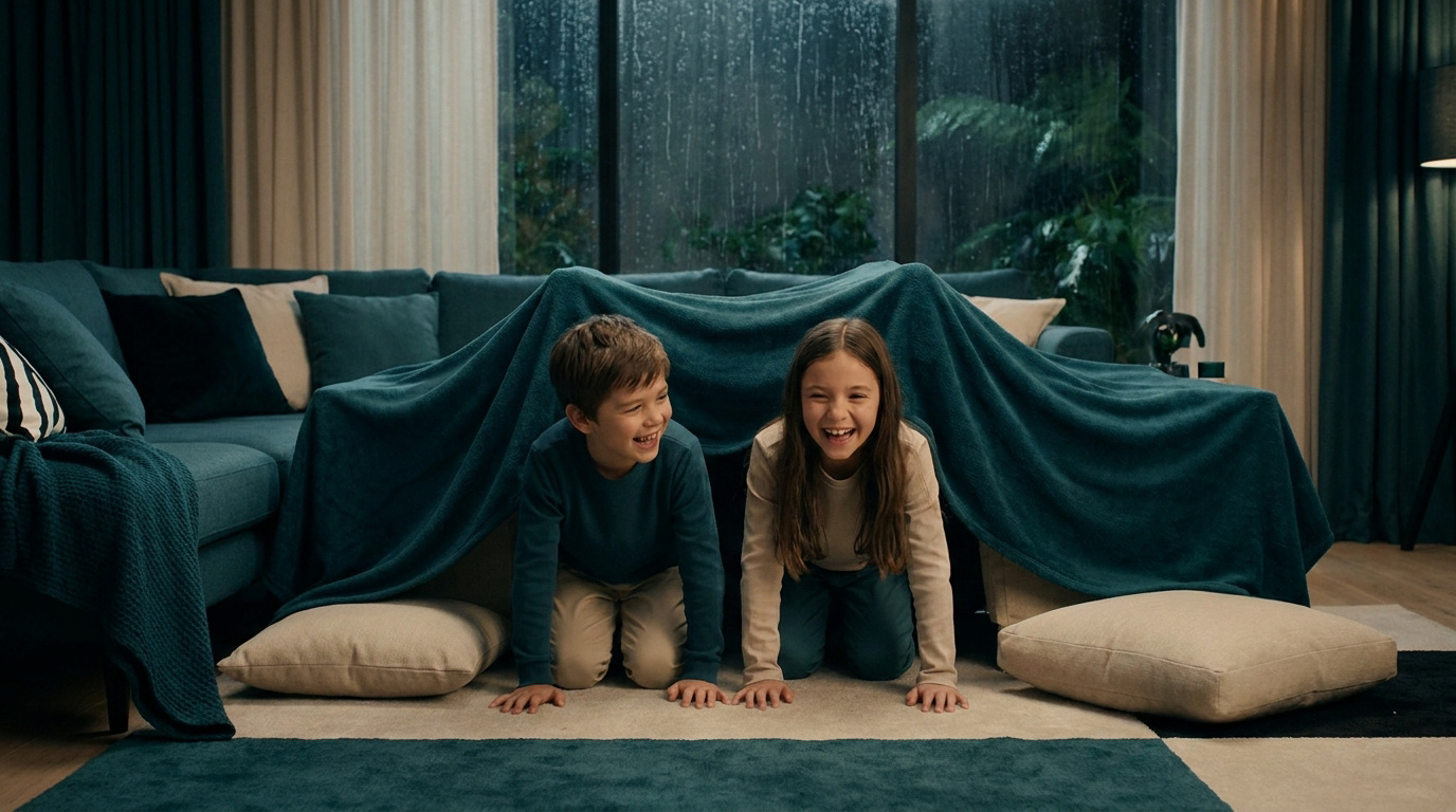 Un petit garçon et une fille souriants sortent d'une cabane faite de couvertures dans un salon un jour de pluie.