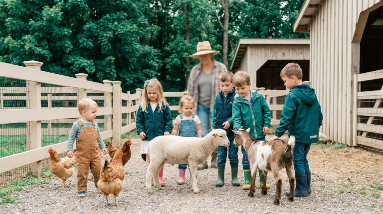 Un groupe d'enfants caresse un mouton et une chèvre dans une ferme pédagogique avec des poules autour.
