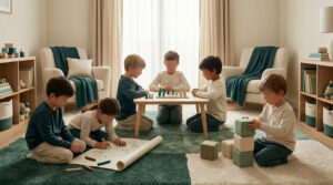 Cinq enfants jouent calmement au dessin et aux jeux de société dans un salon chaleureux et lumineux.