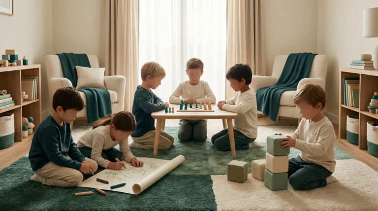 Cinq enfants jouent calmement au dessin et aux jeux de société dans un salon chaleureux et lumineux.