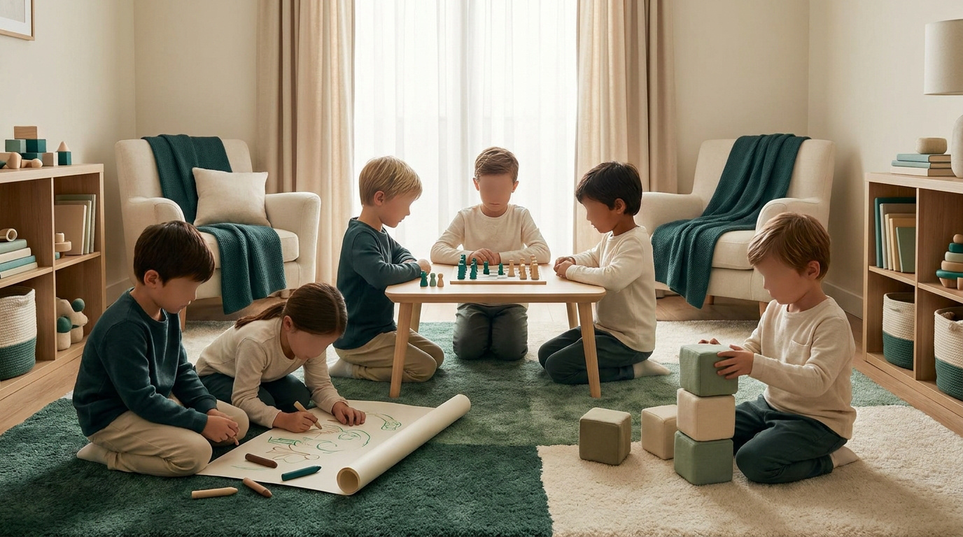 Cinq enfants jouent calmement au dessin et aux jeux de société dans un salon chaleureux et lumineux.