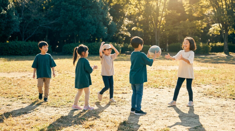 Cinq jeunes enfants jouent ensemble avec un ballon dans un parc ensoleillé en fin d'après-midi.