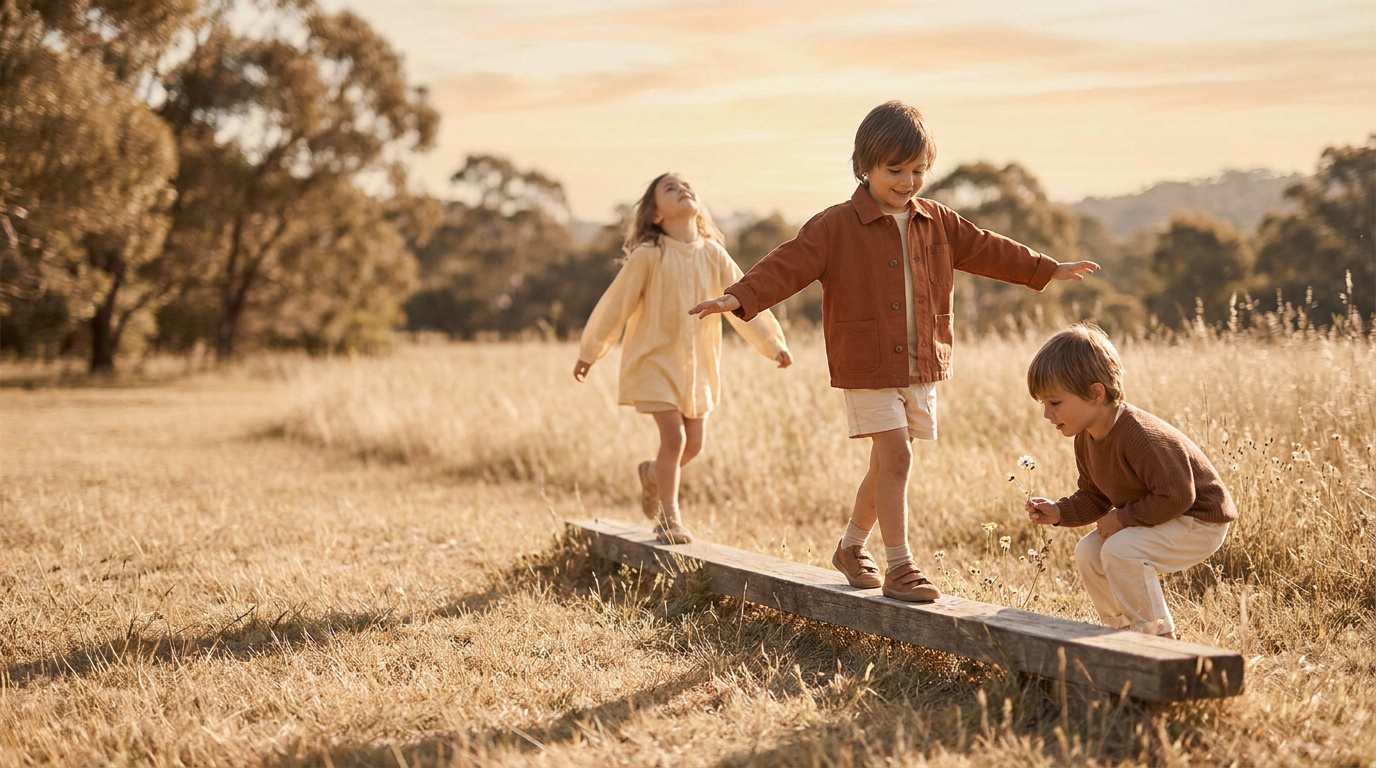 Trois jeunes enfants jouent ensemble en équilibre sur une poutre en bois dans un champ ensoleillé.