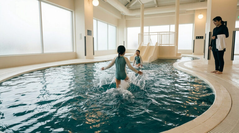 Deux enfants s'amusent dans une piscine intérieure lumineuse sous la surveillance d'une adulte.