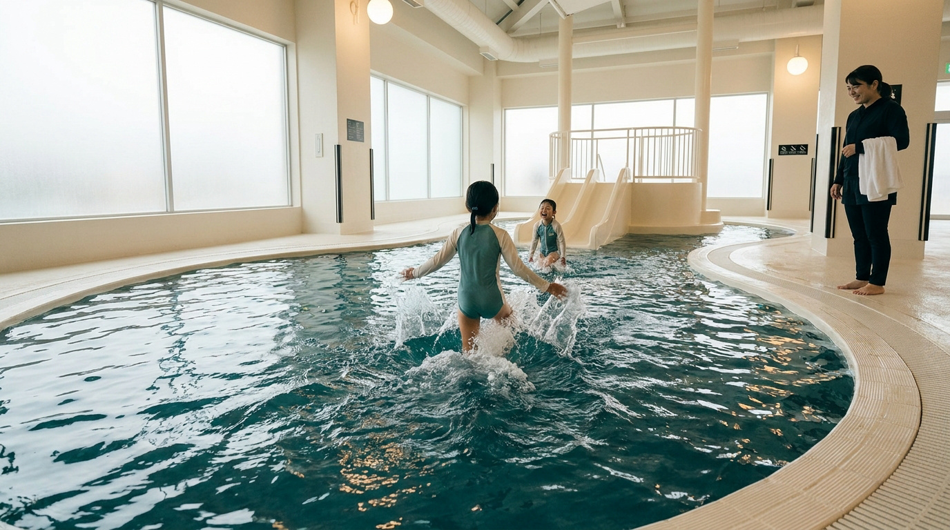 Deux enfants s'amusent dans une piscine intérieure lumineuse sous la surveillance d'une adulte.