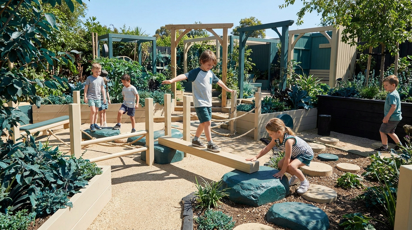 Groupe d'enfants s'amusant sur un parcours de motricité sécurisé dans un jardin paysager.