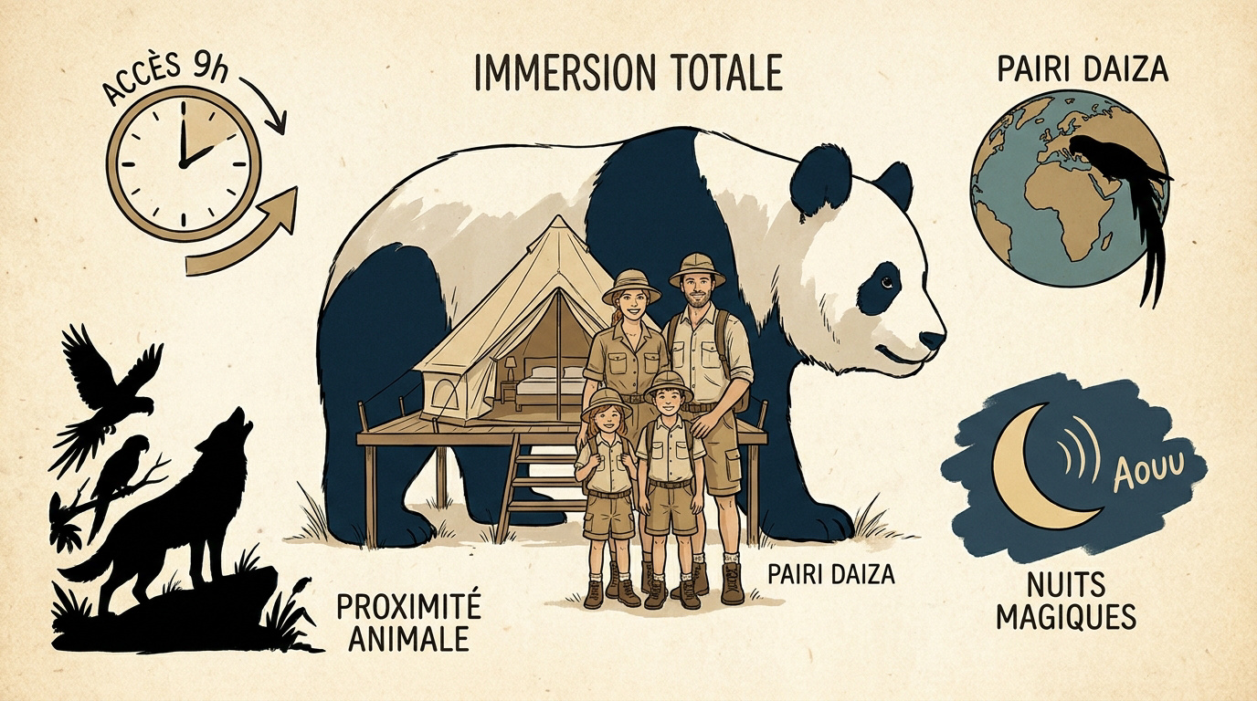 Famille observant les animaux depuis un lodge immersif à Pairi Daiza