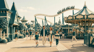 Une famille marche main dans la main dans un parc d'attractions avec un carrousel et des montagnes russes en arrière-plan.