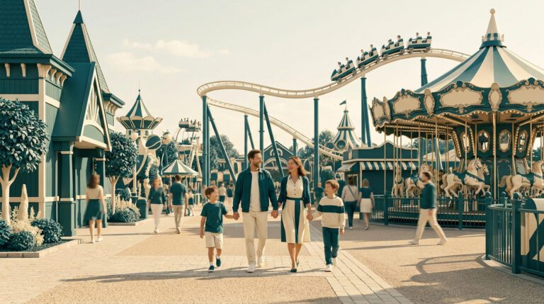 Une famille marche main dans la main dans un parc d'attractions avec un carrousel et des montagnes russes en arrière-plan.