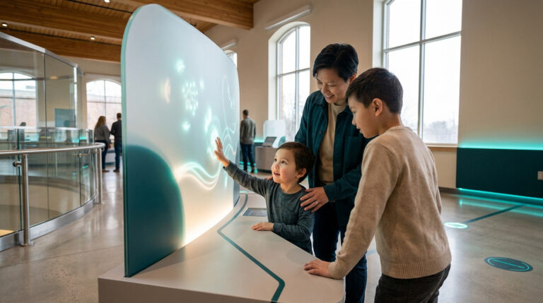 Une famille découvre une exposition interactive sur un écran lumineux dans un musée moderne et lumineux.