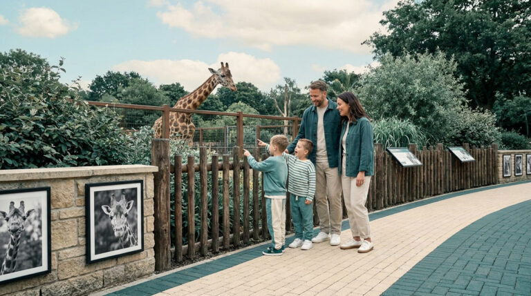 Une famille observe une girafe au zoo de La Palmyre.