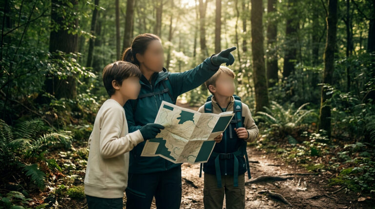 Une mère et ses deux enfants en forêt regardant une carte de randonnée avec la mère qui montre une direction.