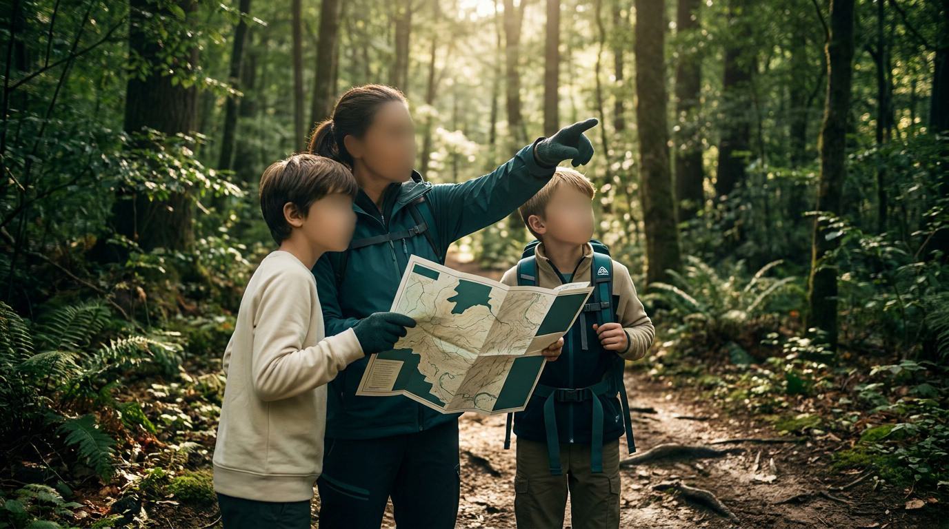 Une mère et ses deux enfants en forêt regardant une carte de randonnée avec la mère qui montre une direction.