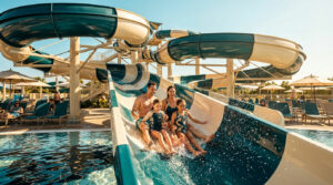 Une famille souriante descend ensemble un grand toboggan aquatique bleu et blanc dans un parc aquatique ensoleillé.