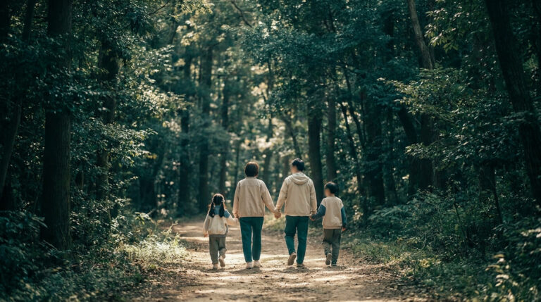 Une famille de quatre personnes marchant main dans la main sur un chemin forestier en pleine nature.
