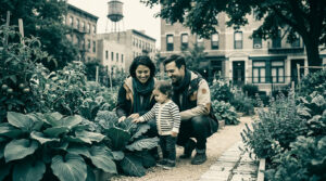 Une jeune famille sourit en jardinant ensemble dans un potager urbain avec des immeubles en arrière-plan.