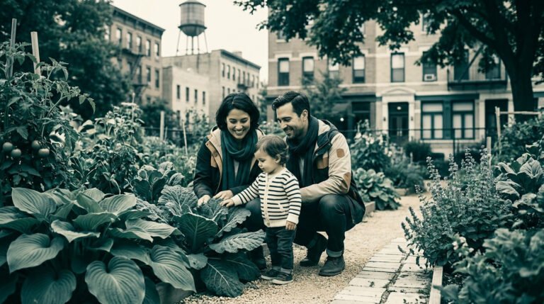 Une jeune famille sourit en jardinant ensemble dans un potager urbain avec des immeubles en arrière-plan.