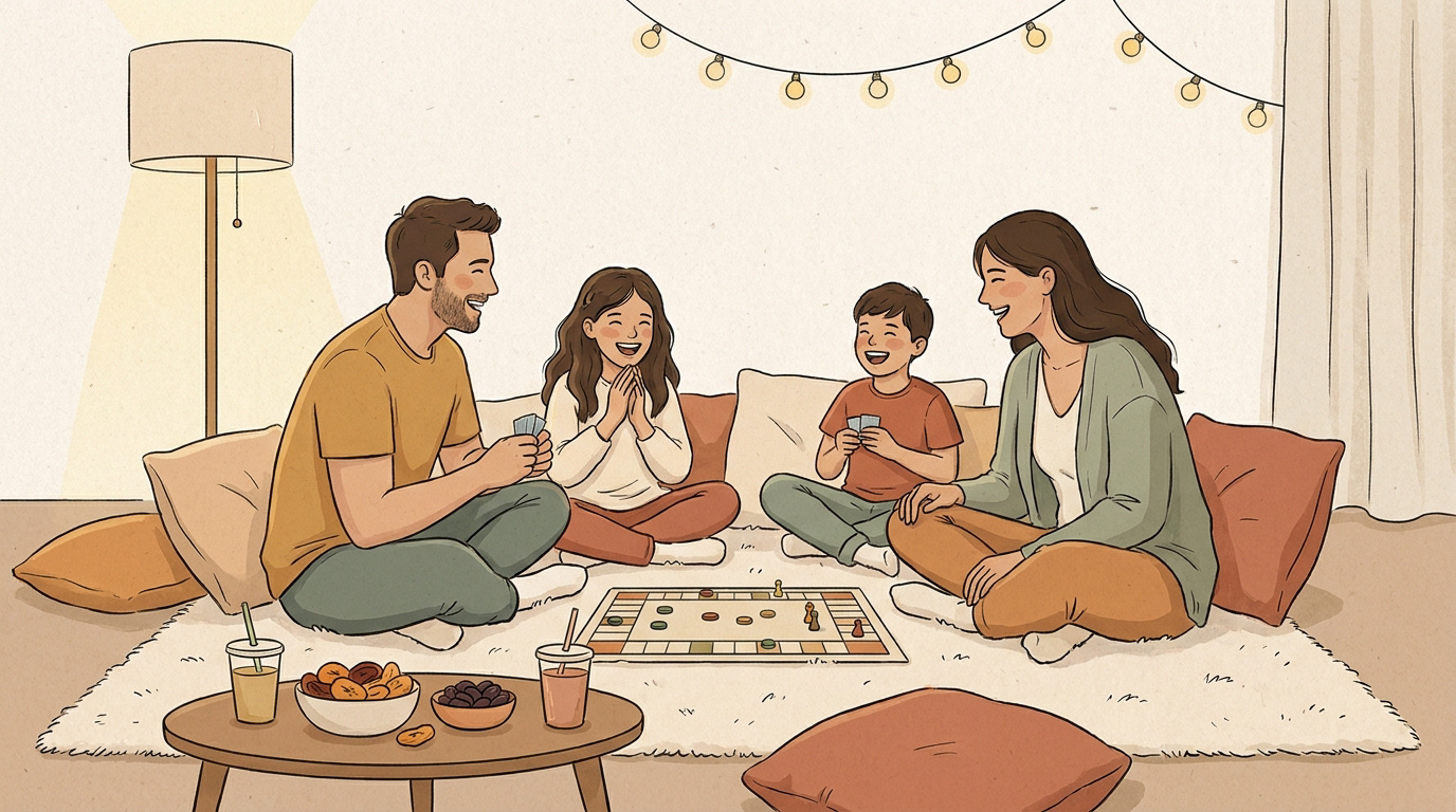 Une famille souriante réunie autour d'un jeu de plateau dans un salon chaleureux