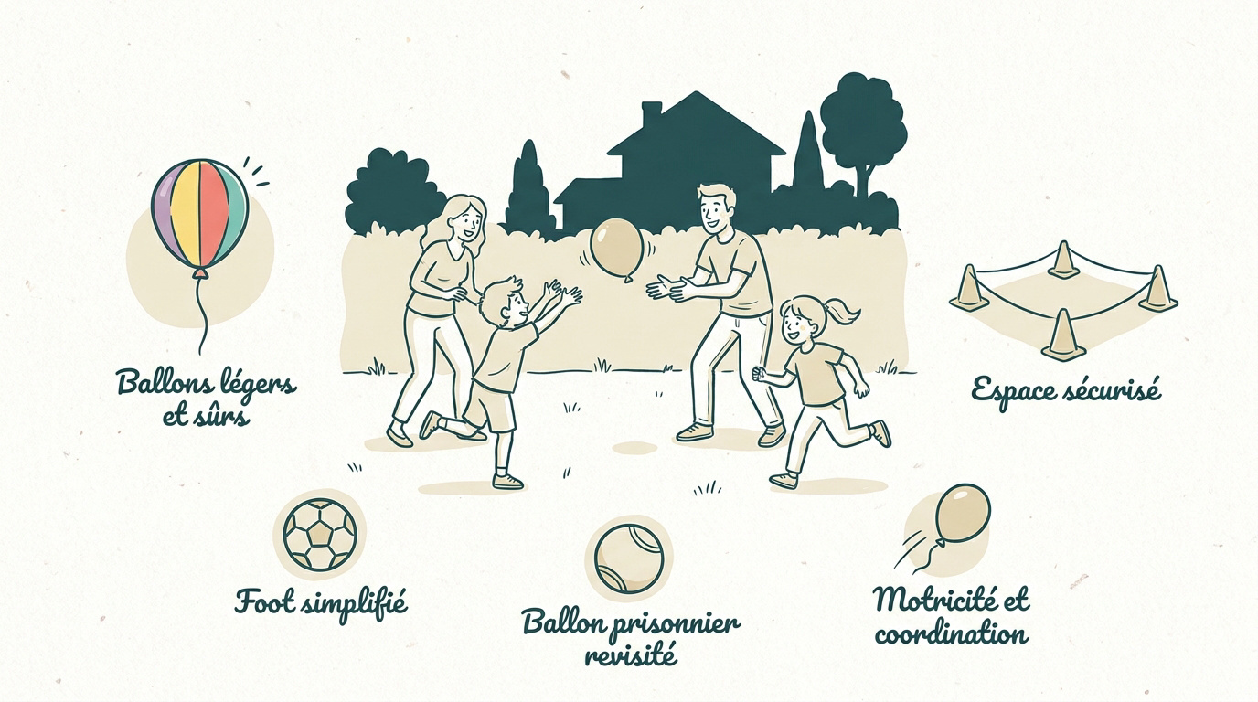 Famille jouant avec des ballons dans un jardin