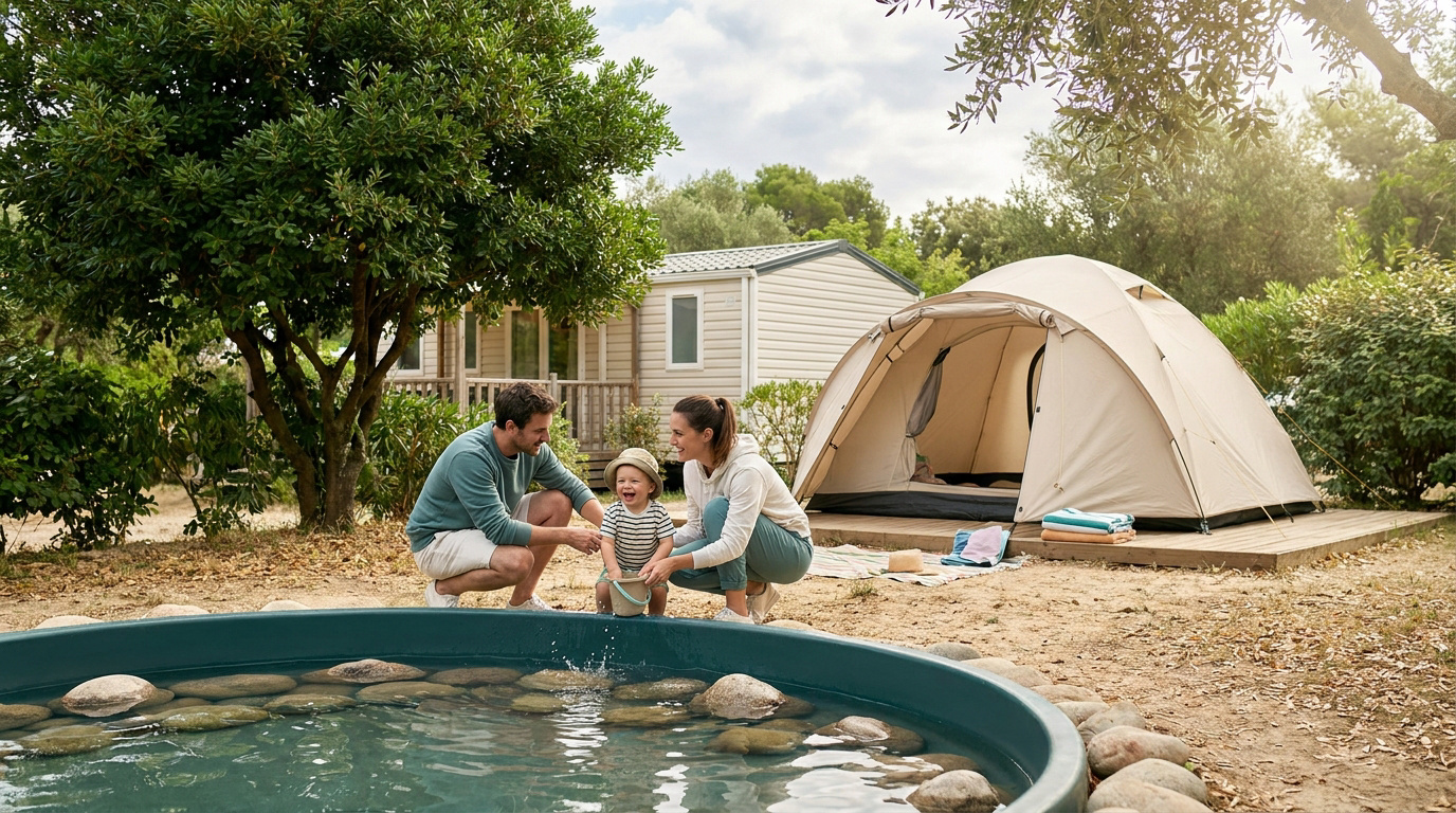 Jeunes parents jouant avec leur bébé près d'une piscine et d'une tente dans un camping familial.