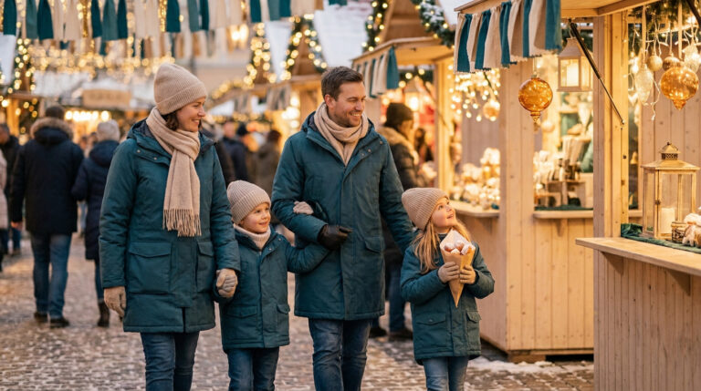 Une famille souriante marche ensemble dans un marché de Noël illuminé et décoré pour les fêtes de fin d'année.