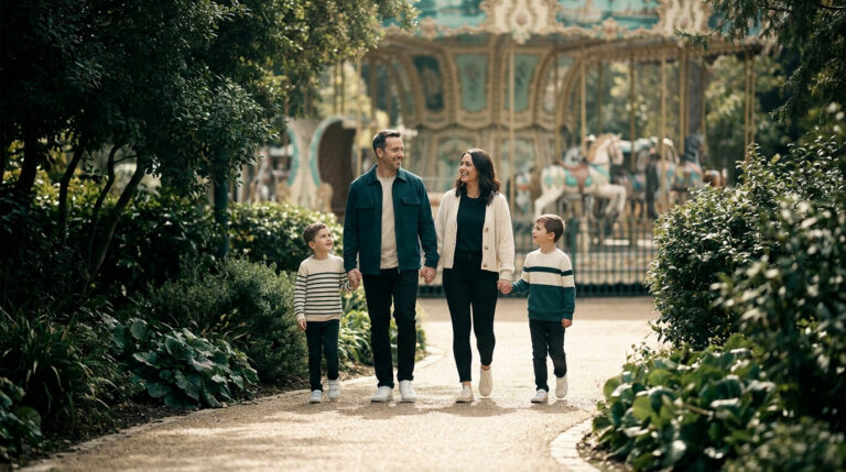 Famille souriante marchant ensemble dans une allée du Jardin d’Acclimatation avec un manège en arrière-plan.